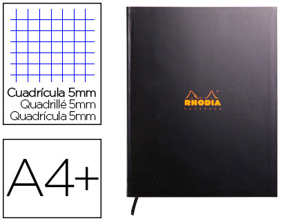 Fourniture de bureau : Cahier rhodiactive a4+ 225x297cm brochure rembordée 80f 90g 5x5mm ruban marque-page noir calendrier perpetuel