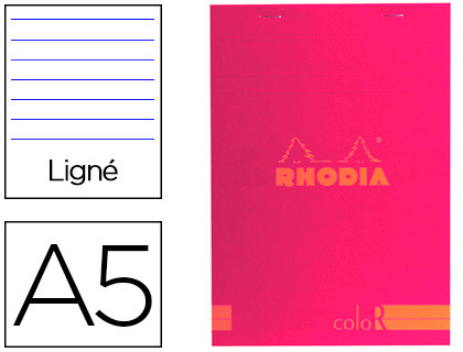 Fourniture de bureau : Bloc agrafé rhodia color n°16 a5 148x21cm couverture pelliculée framboise 70f 90g ligné microperforé framboise