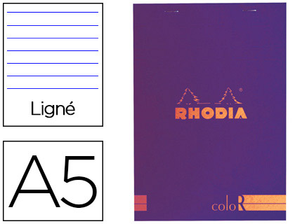 Fourniture de bureau : Bloc agrafé rhodia color n°16 a5 148x21cm couverture pelliculée saphir 70f 90g ligné microperforé saphir
