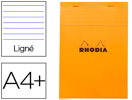 Fourniture de bureau : Bloc bureau rhodia a4+ papier vélin surfin couverture enduite enveloppante 210x320mm 80f détachables 80g ligné orange