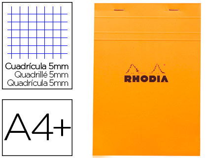 Fourniture de bureau : Bloc bureau rhodia a4+ papier vélin surfin couverture enduite enveloppante 218x318mm 80f détachables 80g 5x5mm orange
