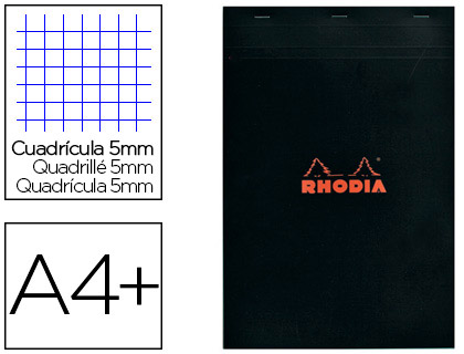 Fourniture de bureau : Bloc bureau rhodia a4+ papier vélin surfin perforé détachable 210x320mm 80f détachables 80g 5x5mm noir