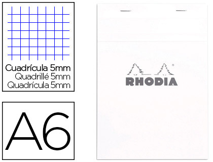 Fourniture de bureau : Bloc agrafé rhodia white n13 a6 105x148 cm couverture carte enduite 80f 80g 5x5mm microperforé blanc