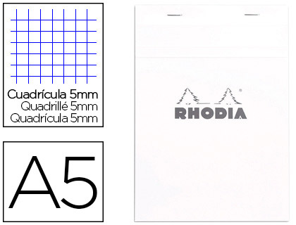 Fourniture de bureau : Bloc agrafé rhodia white n16 a5 148x21cm couverture carte enduite 80f 80g 5x5mm microperforé blanc