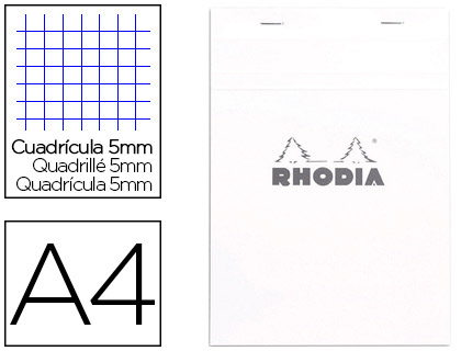 Fourniture de bureau : Bloc agrafé rhodia white n16 a4 21x297cm couverture carte enduite 80f 80g 5x5mm microperforé blanc