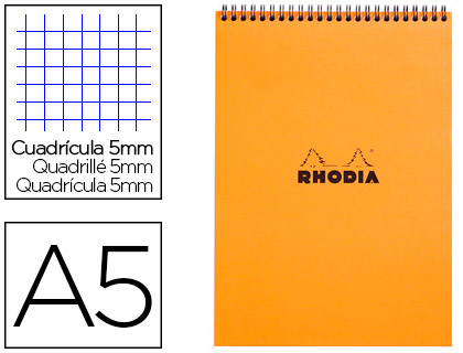 Fourniture de bureau : Bloc rhodia classic orange a5 148x21cm couverture carte enduite reliure intégrale 80f 80g 5x5mm microperforé