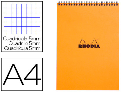 Fourniture de bureau : Bloc rhodia classic orange a4 21x297cm couverture carte enduite reliure intégrale 80f 80g 5x5mm microperforé