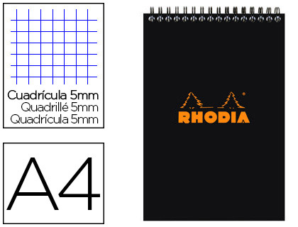 Fourniture de bureau : Bloc rhodia classic black a4 21x297cm couverture carte enduite reliure intégrale 80f 80g 5x5mm microperforé