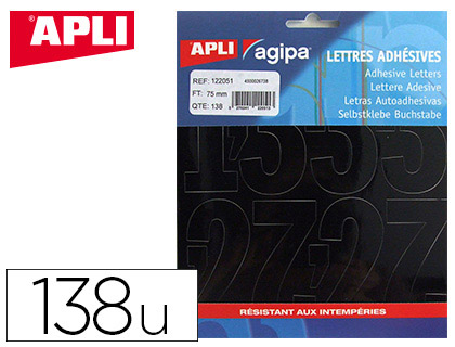 Fourniture de bureau : Chiffre apli agipa adhésif 75mm résiste humidité coloris noir pochette de 138 