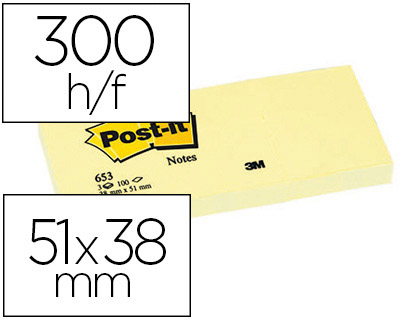 Fournitures de bureau : Bloc-notes post-it 653 51x38mm 100f/bloc repositionnables coloris jaune étui 3 blocs