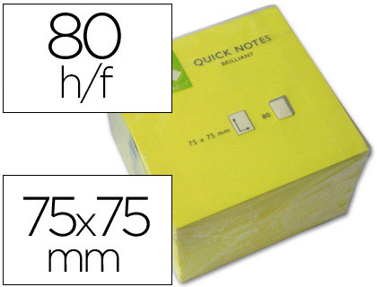 Fournitures de bureau : Bloc-notes q-connect quick notes couleurs néon 76x76mm 80f repositionnables coloris jaune vif