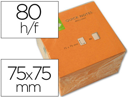 Fournitures de bureau : Bloc-notes q-connect quick notes couleurs néon 76x76mm 80f repositionnables coloris orange vif