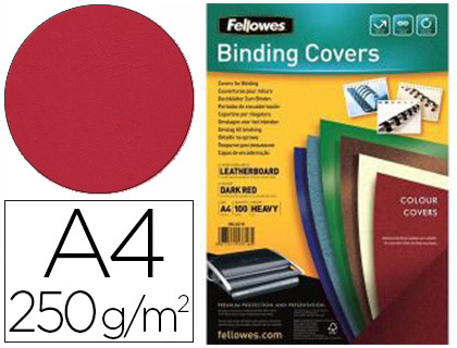 Fourniture de bureau : Couverture fellowes grain cuir 250g format a4 coloris rouge foncé paquet 100