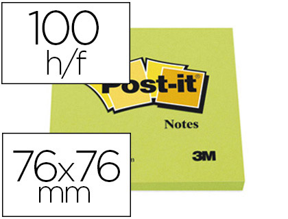 Fournitures de bureau : Bloc-notes post-it couleurs néon 76x76mm 100f repositionnables coloris vert fluo