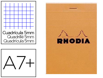 Fournitures de bureau : Bloc bureau rhodia a7+ papier vélin surfin couverture enduite enveloppante 85x120mm 80f détachables 80g 5x5mm orange