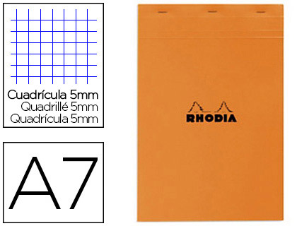 Fournitures de bureau : Bloc bureau rhodia a7 papier vélin surfin couverture enduite enveloppante 74x105mm 80f détachables 80g 5x5mm orange