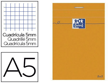 Fournitures de bureau : Bloc bureau oxford a5 papier vélin surfin agrafé en tête couverture enveloppante 148x210mm 80f 80g 5x5mm orange