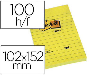 Fournitures de bureau : Bloc-notes post-it grand format 102x152mm 100f lignées repositionnables coloris jaune