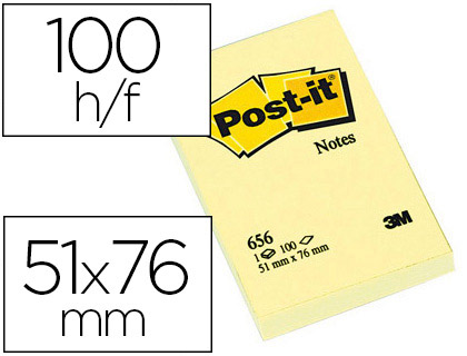 Fournitures de bureau : Bloc-notes post-it 656 51x76mm 100f/bloc repositionnables coloris jaune