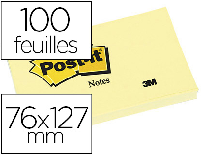 Fournitures de bureau : Bloc-notes post-it 655 76x127mm 100f/bloc repositionnables coloris jaune