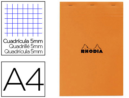 Fourniture de bureau : Bloc bureau rhodia a4 papier vélin surfin couverture enduite enveloppante 210x297mm 80f détachables 80g 5x5mm orange