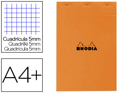 Fournitures de bureau : Bloc bureau rhodia a4+ papier vélin surfin couverture enduite enveloppante 210x320mm 80f détachables 80g 5x5mm orange