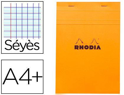 Fournitures de bureau : Bloc bureau rhodia a4+ papier vélin surfin couverture enduite enveloppante 210x320mm 80f détachables 80g séyès orange