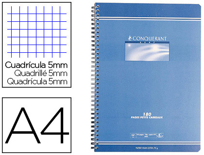 Fournitures de bureau : Cahier conquérant sept reliure intégrale couverture offset a4 21x29,7cm 180 pages 70g 5x5mm