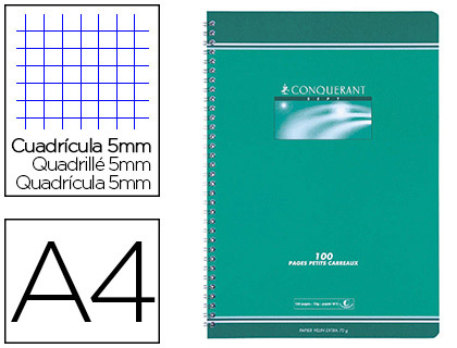 Fournitures de bureau : Cahier conquérant sept reliure intégrale couverture offset a4 21x29,7cm 100 pages 70g 5x5mm