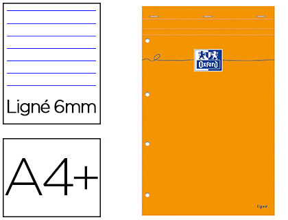 Fournitures de bureau : Bloc bureau oxford papier a4+ vélin surfin agrafé en tête couveture enveloppante 210x320mm 80f 80g ligné 6mm orange