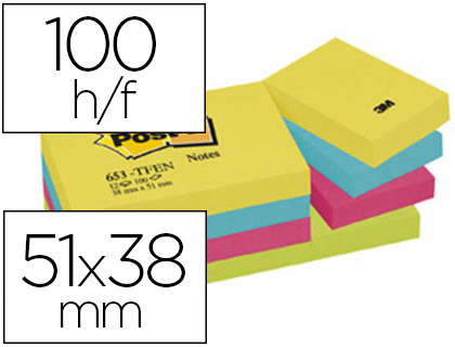 Fournitures de bureau : Bloc-notes post-it couleurs énergiques 51x38mm 100f repositionnables 5 coloris assortis 12 blocs