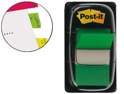 Fournitures de bureau : Marque-pages post-it standard index 25x44mm 50f coloris vert