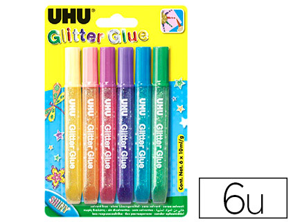 Fournitures de bureau : Colle pailletée uhu shiny glitter glue coloris assortis fluos blister 6 tubes
