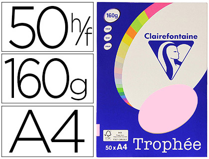 Fournitures de bureau : Papier couleur clairefontaine trophée a4 160g/m2 rose pastel paquet de 50 feuilles