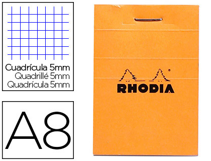 Fournitures de bureau : Bloc bureau rhodia a8 papier vélin surfin couverture enduite enveloppante 52x75mm 80f détachables 80g 5x5mm orange