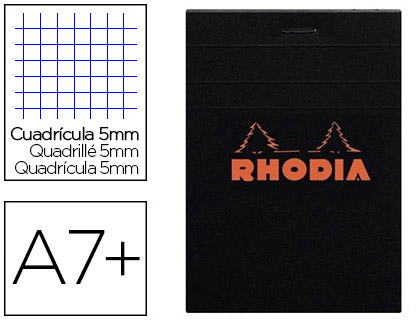 Fournitures de bureau : Bloc bureau rhodia a7+ papier vélin surfin couverture enduite enveloppante 85x120mm 80f détachables 80g 5x5mm noir