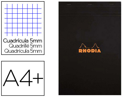 Fourniture de bureau : Bloc bureau rhodia a4+ papier vélin surfin couverture enduite enveloppante 210x320mm 80f détachables 80g 5x5mm noir