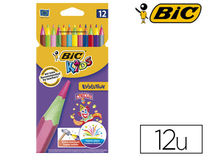 Fournitures de bureau : Crayon couleur bic kids evolution circus 175mm sans bois mine super solide très coloré étui de 12 