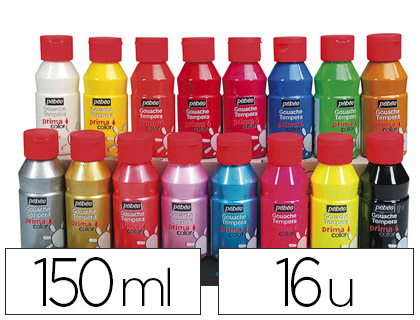 Fourniture de bureau : Gouache pébéo primacolor liquide inodore onctueuse application facile coloris assortis boîte 16 flacons 150ml