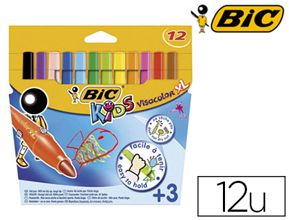 Fournitures de bureau : Feutre coloriage bic kids visacolor xl encre lavable pointe extra-large bloquée couleurs très vives étui de 12