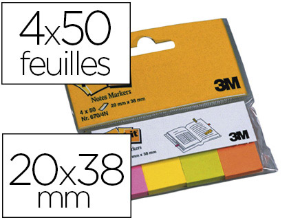 Fournitures de bureau : Marque-pages post-it papier notes markers 20x38mm coloris néon lot de 4 blocs x 100f