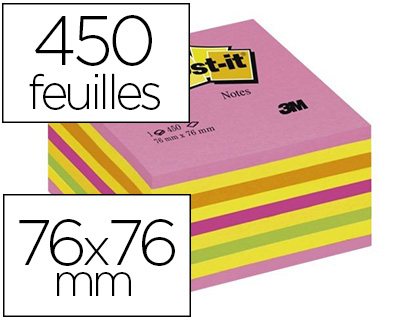 Fournitures de bureau : Bloc-notes post-it cube 76x76mm 450f repositionnables coloris énergie intense 2028-np