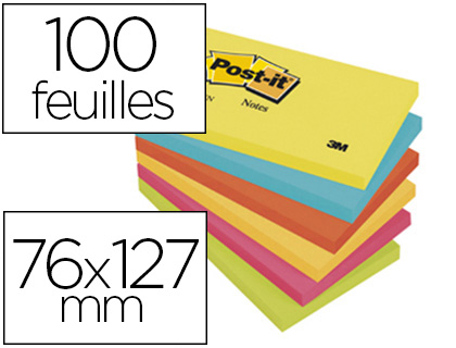 Fournitures de bureau : Bloc-notes post-it couleurs énergiques 76x127m 100f repositionnables 5 coloris assortis 6 blocs