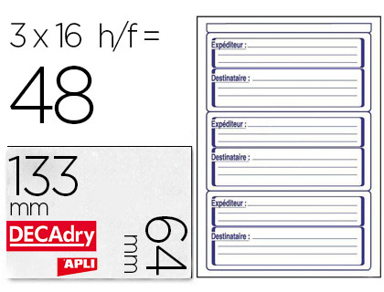 Fournitures de bureau : Étiquette adhésive courrier apli agipa expéditeur-destinataire 64x133mm étui format a5 48 unités