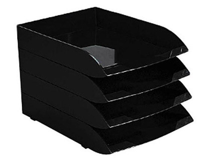 Fournitures de bureau : Corbeille à courrier cep polystyrène rigide superposable supports étiquettes patins caoutchouc 370x270x61mm coloris noir