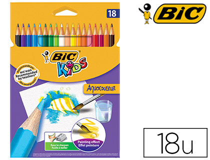 Fournitures de bureau : Crayon bic kids aquacouleur hexagonal mine aquarelle très pigmentée effet peinture aquarelle couleurs vives étui de 18