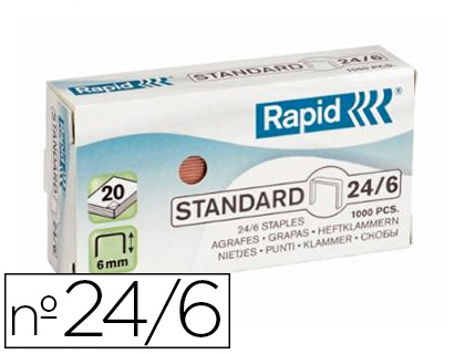 Papeterie Scolaire : Agrafe rapid standard 24/6 cuivrée fil souple confort capacité agrafage 20f boîte 1000 