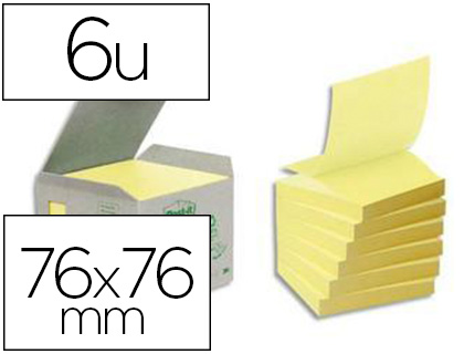 Fournitures de bureau : Bloc-notes post-it z-notes papier recyclé 76x76mm 100f/bloc repositionnables coloris jaune lot 6 blocs