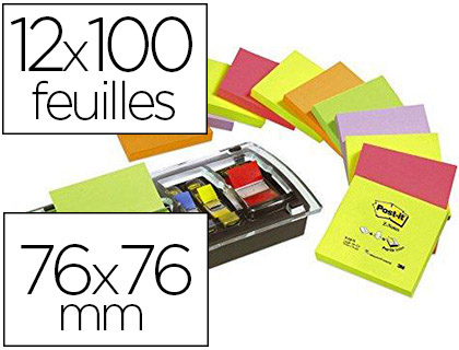 Fourniture de bureau : Dévidoir post-it notes millénium 76x76mm 12 blocs z-notes 100f carte index standard coloris néon assortis