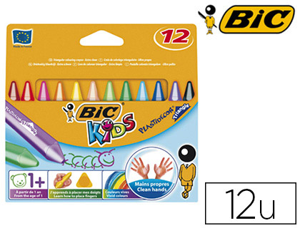 Fournitures de bureau : Crayon cire bic kids plastidécor triangle gros 90mm diamètre 12mm résistant non salissant étui de 12 